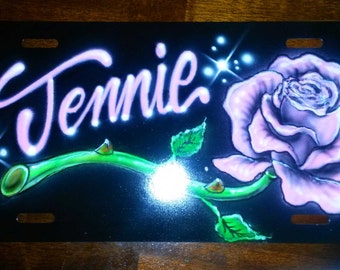 Custom Airbrushed Rose and Your Name Front License Plate Air Brush Rose Car Tag Design Hand-Painted Personalized Gift For Her