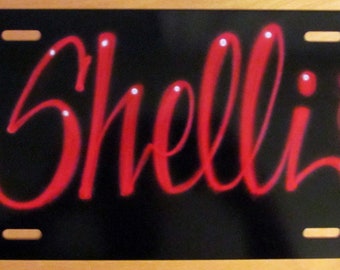 Airbrush Black Front License Plate Personalized Airbrushed Red Script Name Car Accessory