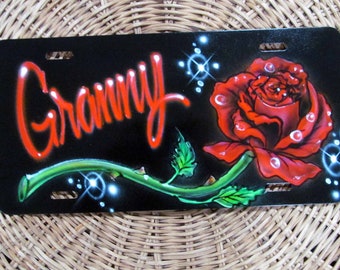 Car Tag Airbrushed Red Rose Name Front License Plate Custom Air Brush Rose Car Tag Hand Painted Personalized Gift for Her Gift for Self
