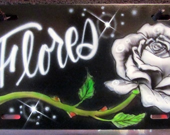 Custom Airbrushed Rose Front License Plate Floral Personalized Car Tag Hand-Painted Car Accessory with White Rose Flower New Driver Gift