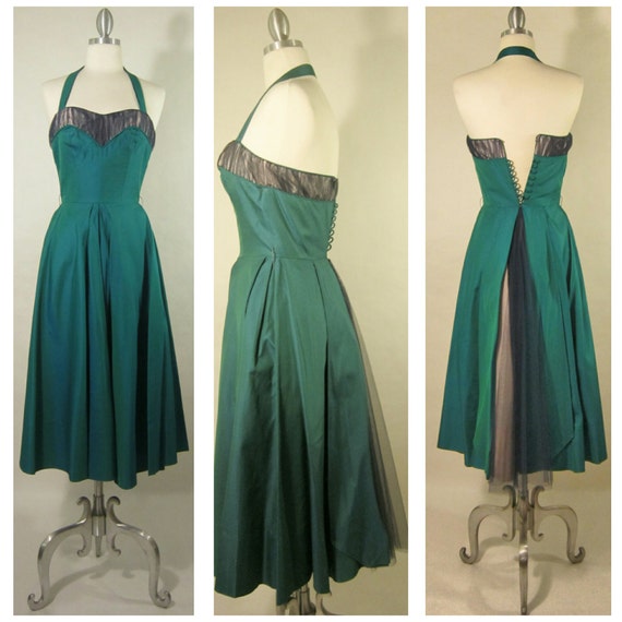 1950's Evening Gown! Iridescent Green Fabric W/ Tu
