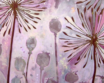Allium and Poppy Seed-heads. Delicate pinks and creams, signed Giclee print from original Acrylic painting by Rosie Lomberg Shakoor.