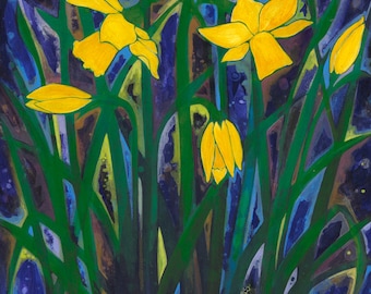 Golden 'Daffodils' signed Fine Art print from original Acrylic painting by Rosie Lomberg. Bright, Sunshine, Signs of Spring.