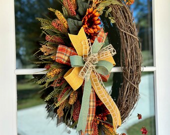 Sunflower front door wreath,fall wreath,farmhouse front door wreath,autumn wreath,fall door hanger,fall front door wreath,autumn door hanger