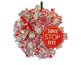 Christmas wreath, polka dot wreath, front door wreath, red and green wreath, front door door hanger, Santa stop here, Santa wreath, Xmas