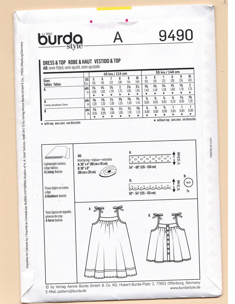 8 9 6 7 burda 9490 Girls/' Dress and Top 5 10 *Very Rare* Sewing Pattern