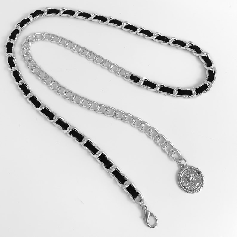 Gold Tone Metal Chain Link Belt With Black Velvet Ribbon Etsy