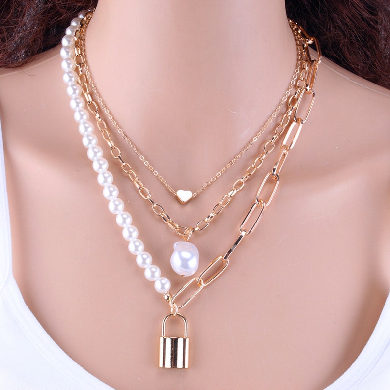 Multilayer Lock Pendant Rectangle Cable Chain Necklace Etsy