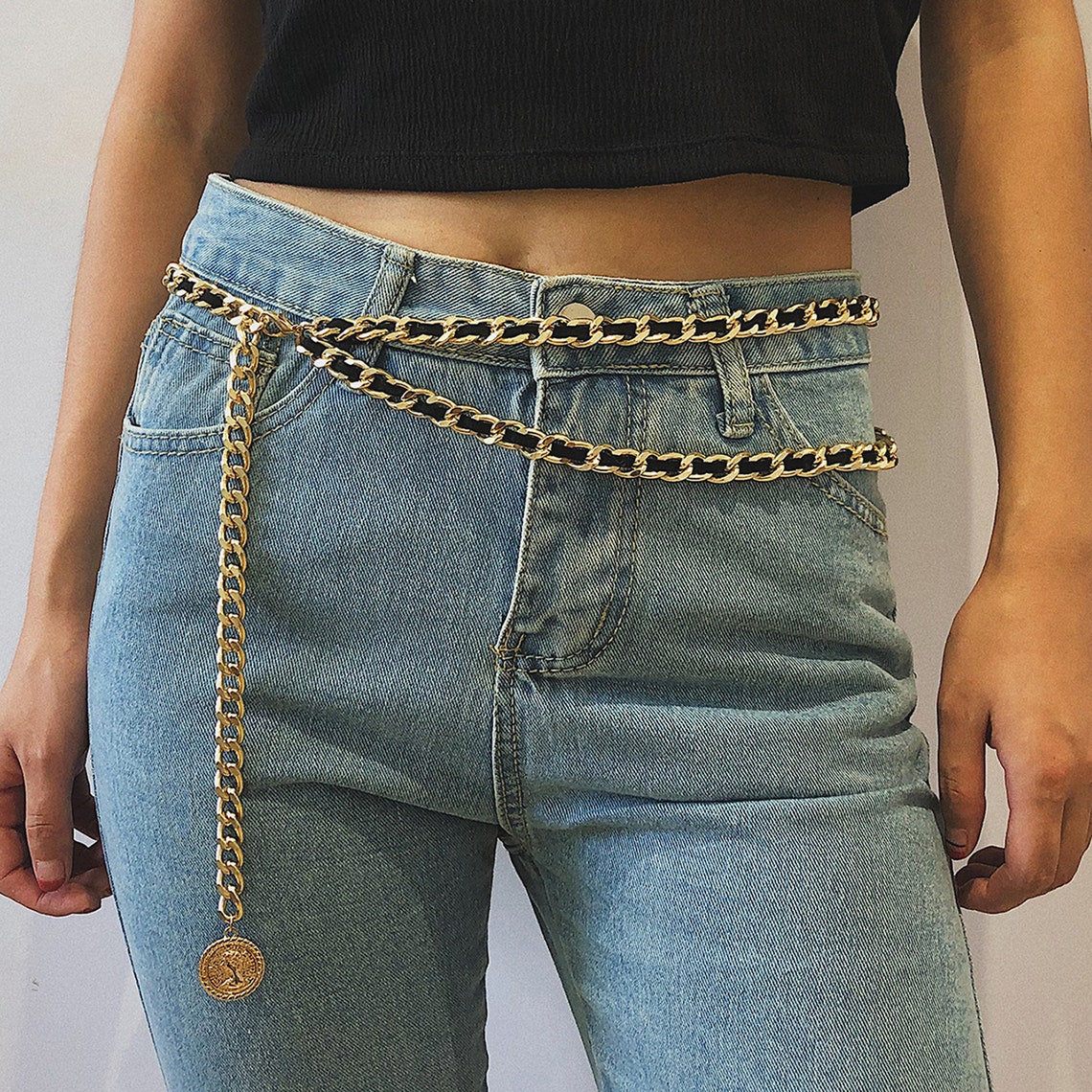 Layered Metal Chain Link Belt with Black Velvet Ribbon Trendy Etsy