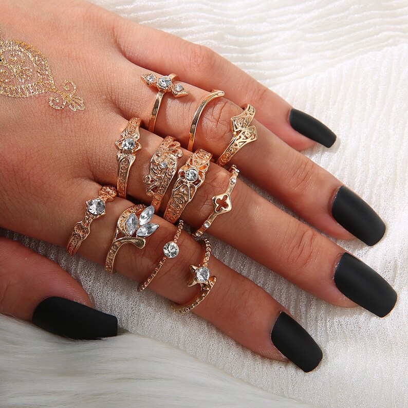 11 Piece Unique Rings Rose Boho Ring Set Bohemian Ring Set Etsy