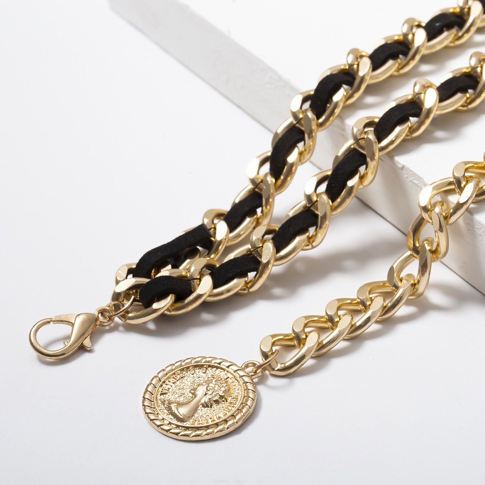 Layered Metal Chain Link Belt with Black Velvet Ribbon Trendy Etsy