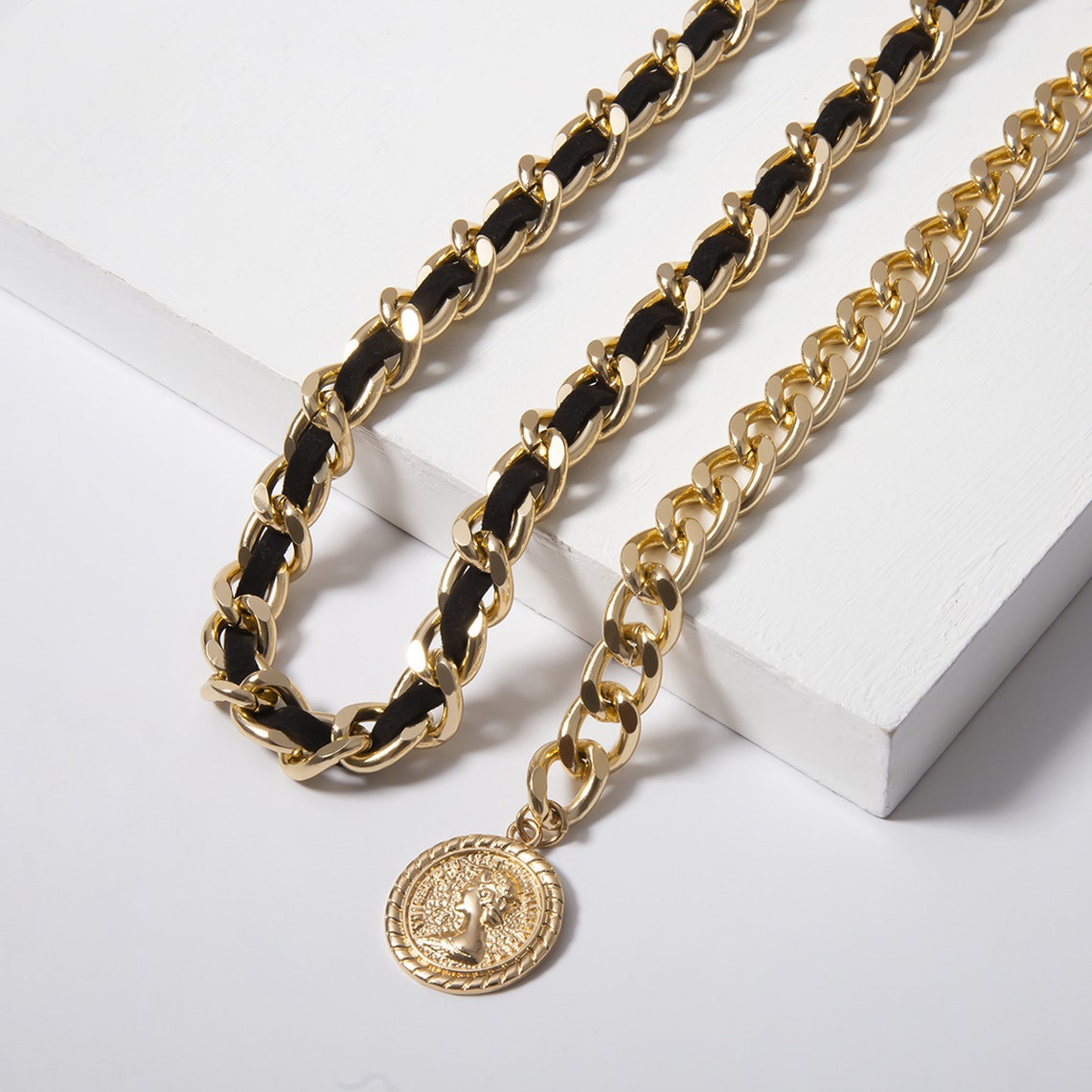 Gold Tone Metal Chain Link Belt with Black Velvet Ribbon Etsy