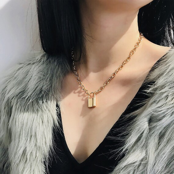 Padlock Pendant Choker Necklace Gold 
