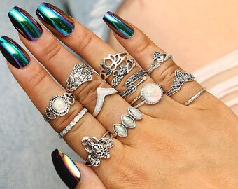 13Pcs/Set Boho Elephant Fatima Finger Knuckle Ring Band Midi Rings Stacking Ring 13Pcs/Set Boho Elephant Fatima Finger Knuckle Ring Band Midi Rings Stacking Ring