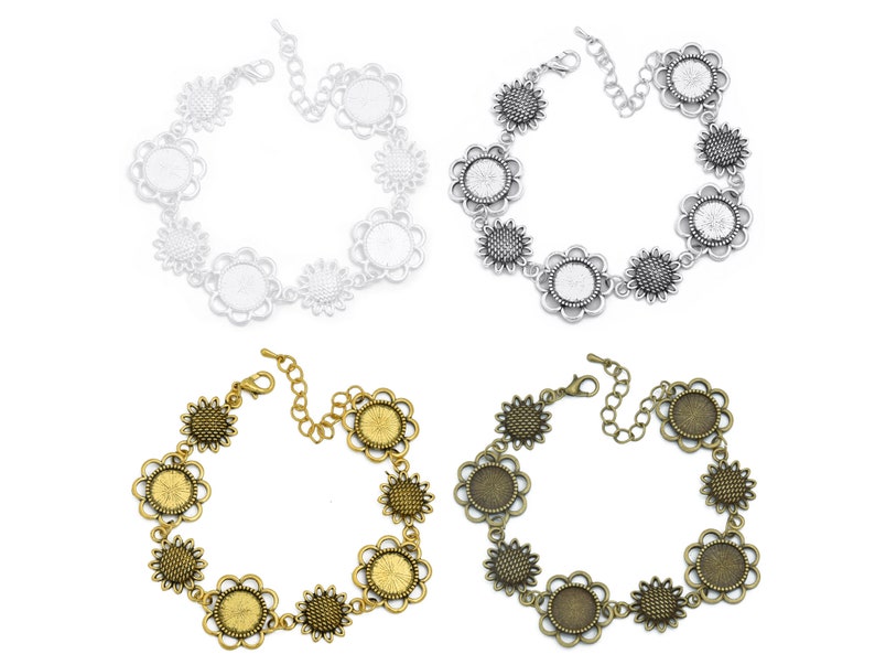 Buttons Etc Sunflower Connectors 5 PCS M153 12mm Round Bezel Bracelet Blanks Forms fit 12mm Round Cabochons Marbles Resin