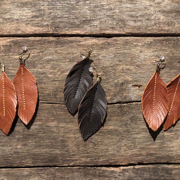 Leather Feather Earrings, Leather Earrings, Earrings, inspired by Joanna Gaines, Western Jewelry, Cowgirl Earrings, Brown, Black, fringe