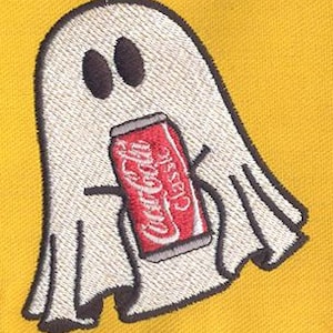 May include: A white ghost with two black eyes holding a red can of Coca-Cola with the text "Coca-Cola Classic" on it.
