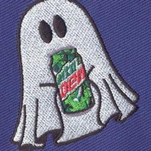 May include: A white ghost with two black eyes holding a green and white can of Mountain Dew.