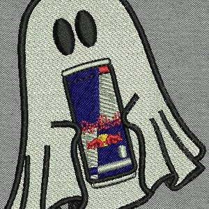 May include: Embroidered patch showing a white ghost with black outlines and eyes, clutching a Red Bull energy drink can. The can is blue, silver, and red. The background is light grey fabric.