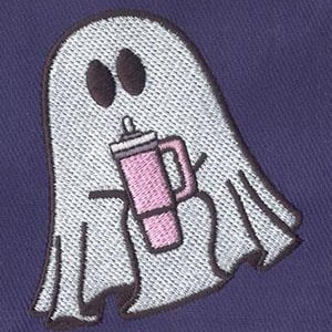 May include: A white ghost with two black eyes holding a pink and white travel mug.
