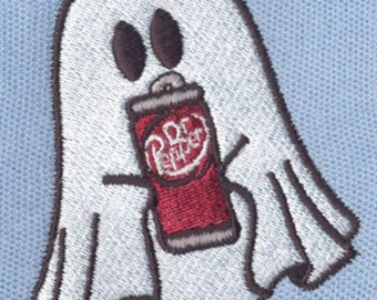 May include: Embroidered patch of a white ghost holding a Dr Pepper can. The ghost has dark brown eyes and a matching outline. The Dr Pepper can is red with white lettering. The patch is on a light blue fabric background.