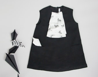 Little black baby dress/Black woollen zebra jabot dress/ black baby gown/flower girl dress