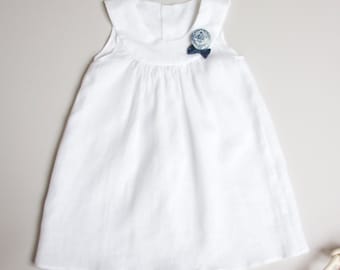 SALE!!!White linen baby dress with Bella brooch/Baptism dress/Christening dress for baby girl