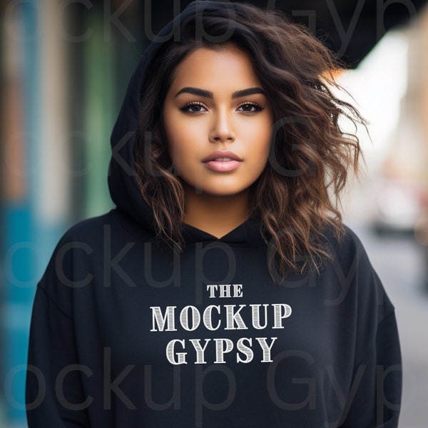 Plus Size Gildan 18500 Black Hoodie Mockup, Hispanic Female Model Hoodie Mockup, Winter Sweater Mockup, Black Hooded Sweatshirt