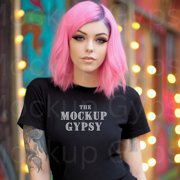 Pastel Goth Black Short Sleeve T Shirt Mockup, Goth Girl Mockup, Witchy T shirt Mockup, Halloween Shirt Mockup, Black Clothing Goth Shirt