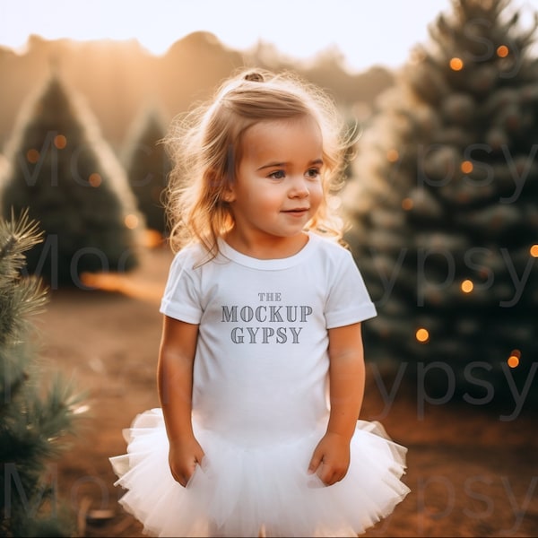 Blank Girl's White Shirt Mockup, Bella and Canvas 3001T Shirt Mockup, Child Model Mockup, Christmas Tree Farm Tutu and Shirt Mockup