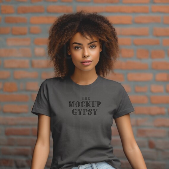 Bella Canvas 3001 Asphalt Gray T Shirt Mockup Black Female Model