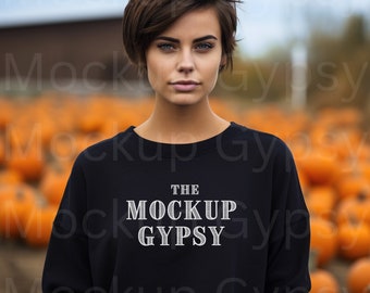 Gildan 18000 Black Sweatshirt Model Mockup, Oversized Mockup Black Sweatshirt, Winter Sweater Mockup, Fall Pumpkins Sweatshirt Mockup