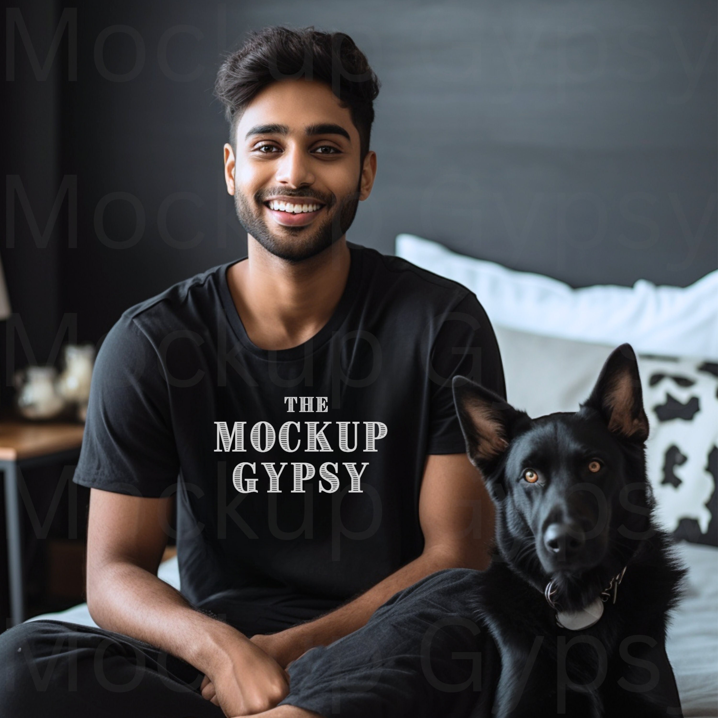 Indian Man and Dog Black T Shirt Mockup, POC Model With Dog Tshirt