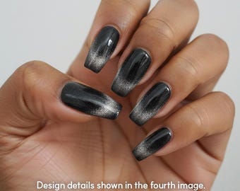 AMOND Black Galaxy Magnetic Press On Nails | Coffin Shape False Nails | Glitter Y2K Ombre | Reusable Handmade | Design No.CX019