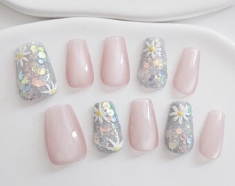 AMOND Colorful Daisy Coffin Press On Nails / Flower Glitter False Nails / Summer Festival Nails / Reusable Handmade Nail Tips TH002s Long