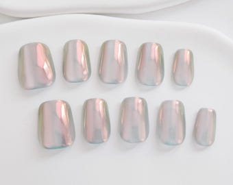 Uñas postizas cuadradas AMOND Mermaid Lagoon / Uñas postizas con brillo oceánico / Uñas de verano / Puntas de uñas reutilizables hechas a mano TH012