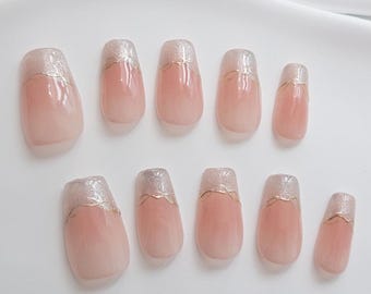 AMOND Rose Gold French Glitter Press On Nails | Coffin Shape False Nails | Elegant Wedding Ombre | Reusable Handmade | Design No.CX001s Long