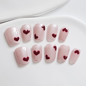 Uñas postizas cuadradas con diseño de corazón de San Valentín AMOND / Uñas postizas femeninas / Uñas brillantes / Puntas de uñas reutilizables hechas a mano TH034ss Cortas