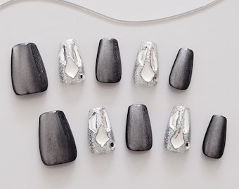 Uñas postizas AMOND de cromo plateado con acabado tipo ataúd / Uñas postizas con brillo negro / Uñas 3D metálicas / Puntas de uñas reutilizables hechas a mano SC001s Long