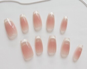 AMOND Whispered Petals Coffin Press On Nails / Pink Glitter False Nails / Soft Shimmer Nails / Reusable Handmade Nail Tips NO005