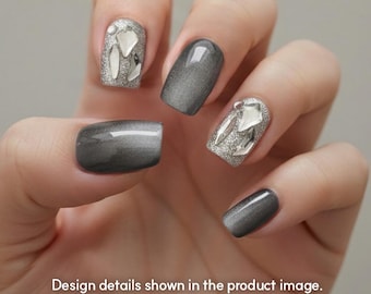 Uñas postizas cuadradas cromadas plateadas AMOND / Uñas postizas con purpurina negra / Uñas 3D metálicas / Puntas de uñas reutilizables hechas a mano SC001ss Cortas