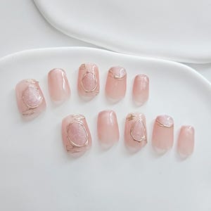 AMOND Pink Line Glitter Press On Nails | Handmade False Nails | Square Nail Tips | Elegant Wedding Nail Art | Design No.CX018ss Short