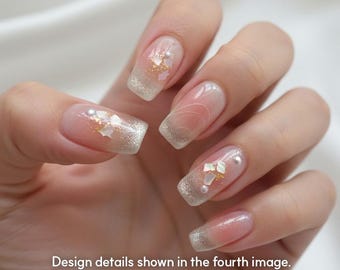 AMOND Pink Glitter Press On Nails | Coffin Shape False Nails | Shimmer Ombre Handmade | Reusable Nail Tips | Design No.CX003