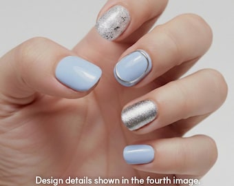 Uñas postizas AMOND con corazón azul plateado / Uñas postizas redondas cortas / Brillantina de verano / Reutilizables, hechas a mano / Diseño n.° CX015