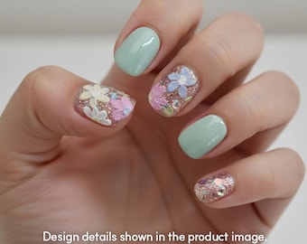 AMOND Art Floral Round Press On Nails / Colorful False Nails / Pastel Flower Nails / Reusable Handmade Nail Tips TH009
