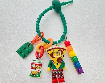 Ensemble de porte-clés figurine Pizza Boy - Porte-clés personnage bloc, tirette de sac à dos - Jouet en brique, cadeau, rouge et vert