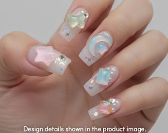 Uñas postizas AMOND Pastel Galaxy Coffin / Uñas postizas de estrellas y luna / Uñas 3D / Puntas de uñas reutilizables hechas a mano TH004