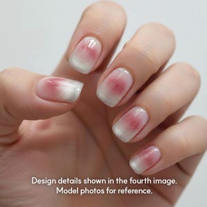 May include: Close-up of a hand with manicured nails. The nails feature a gradient design, transitioning from a silver glitter tip to a soft pink center. The nails are short and square-shaped. Text on the image reads: Design details shown in the fourth image. Model photos for reference.