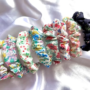 Liberty fabric scrunchies in various floral patterns. Cotton floral scrunchies, skinny scrunchies, handmade scrunchies, women scrunchie