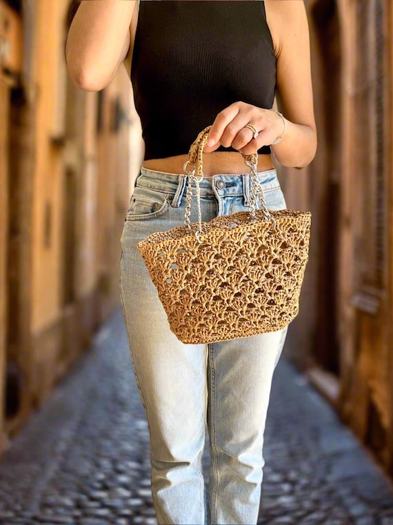 Boho Crochet Mini Raffia Tote, Crochet Raffia Basket Bag, Bohemian